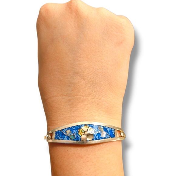 Vintage Alpaca Mexico Silver Blue Abalone Shell Mother-of-Pearl Flower Bracelet - Picture 8 of 14